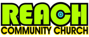 REACH Community Church logo is words naming the church in bright green letters.
