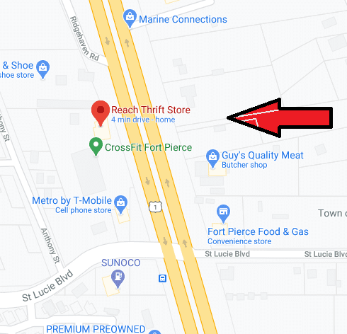 Map of north Fort Pierce near St Lucie Boulevard. Shows location of REACH Thrift store.